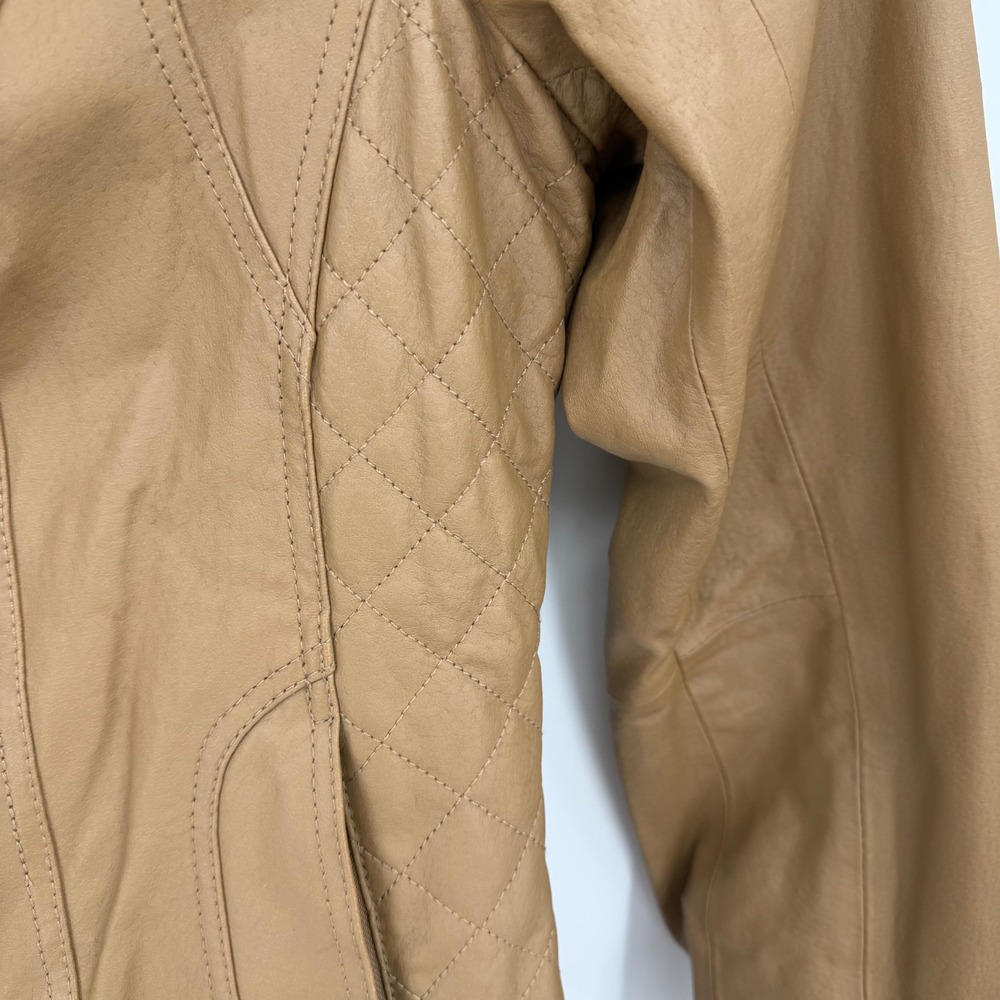IMAN Genuine Leather Jacket Women Large Tan Quilted Biker Moto Gold Zip Chic - Picture 4 of 11